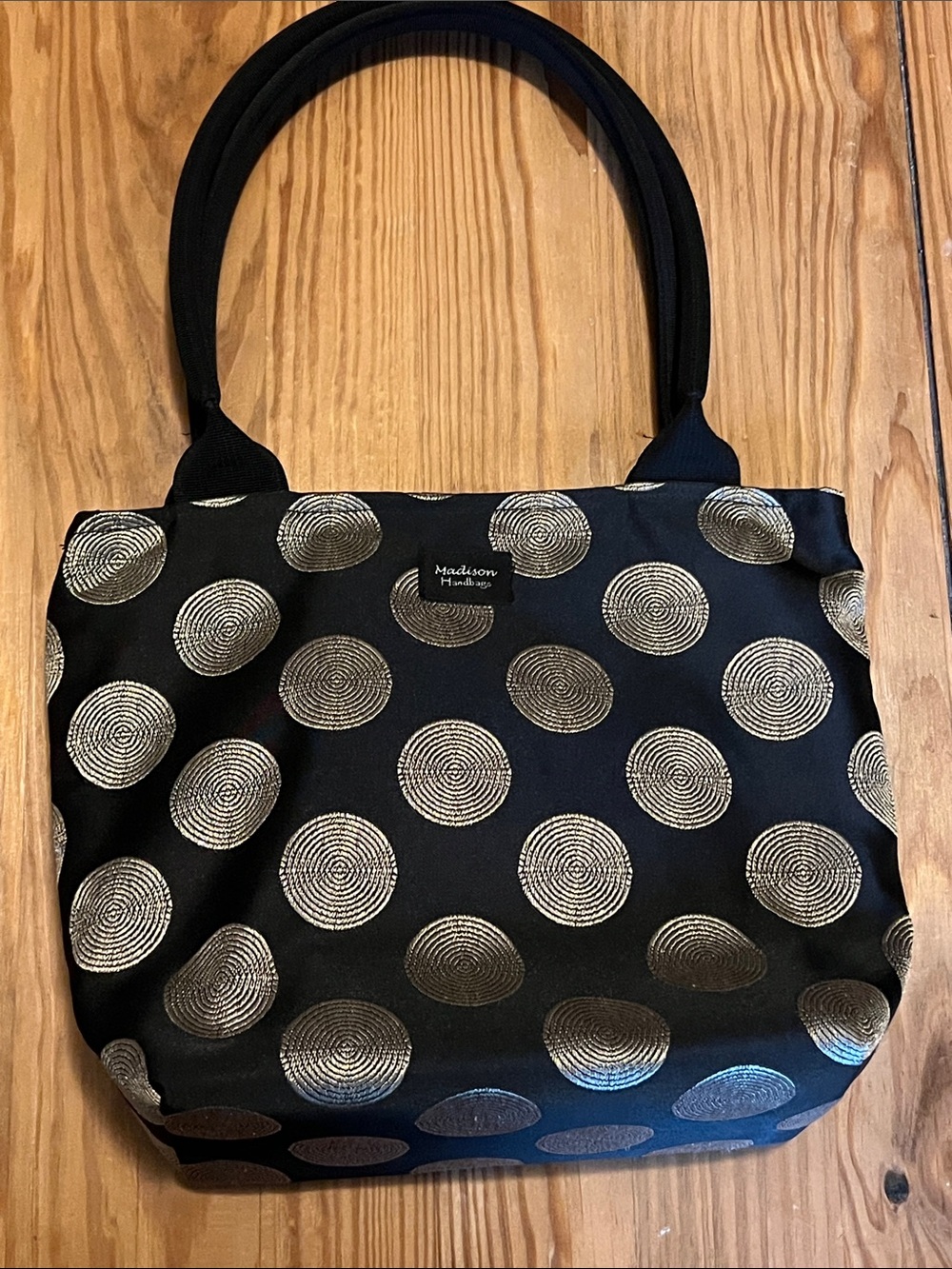 Madison Black Tote hand bag with Gold Spiral Dots
